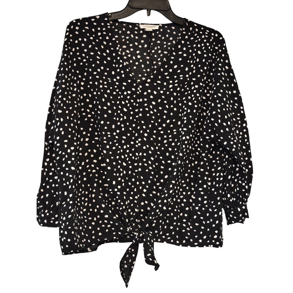 Beachlunchlounge Polka Dot Tie Front V-Neck Blouse Black White